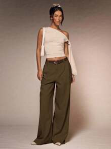 Glamine Women's Apricot Color With PU Belt Pocket Flare Leg Trousers, Stylish Commuter Office Elegant Versatile Casual Pants For Summer High Waisted Pants Wide Leg Pants Pants With Pockets Women Slacks Pants With Belt Fall Cloth For Women - Brown - View 5