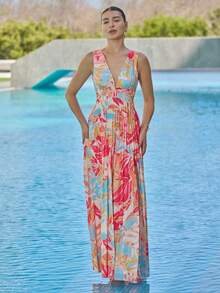 Andrea Bello Vacation Sleeveless Ditsy Floral Plunge Neck Open Slit Ruched Sexy Festival Dress For Women - Multicolor - View 4