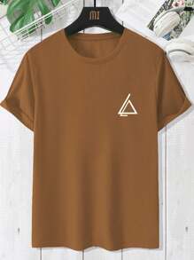 Manfinity Homme 男士休闲三角印花圆领短袖T恤，夏季 - 咖啡棕 - 查看 1