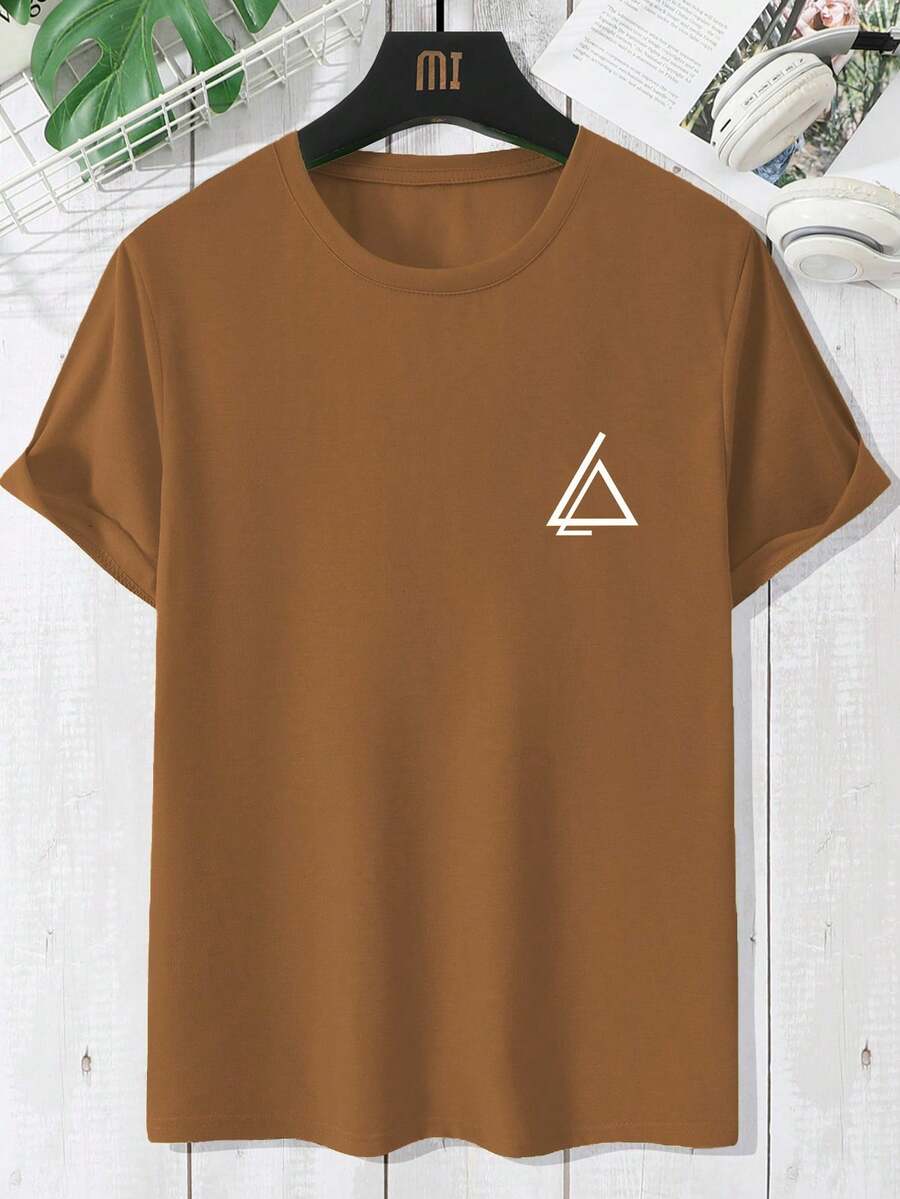 Manfinity Homme 男士休闲三角印花圆领短袖T恤，夏季 - 咖啡棕 - 查看 1