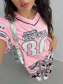 SHEIN 2 件套青少年女孩运动休闲字母图案 V 领运动衫和宽松迷彩阔腿裤，街头时尚百搭套装，适合作为情人节礼物 - 粉色 - 查看 3