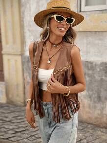 Brillora Fringe Trim Open Front Vest Summer Jacket In Fall/Winter