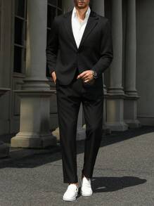 Manfinity Mode 男士大码两件套西装：纯色夹克和裤子 - 黑色 - 查看 1