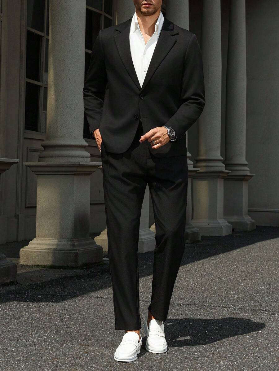 Manfinity Mode 男士大码两件套西装：纯色夹克和裤子 - 黑色 - 查看 1