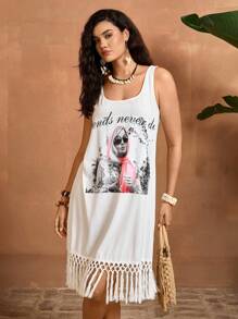 Travachic The White Lotus Váy không tay in chữ và hình cỡ lớn tua rua viền - trắng - Xem 6