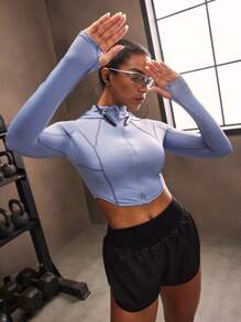 Powerista Women's Plain Raglan Sleeve Hooded Zip Front Athletic Jacket, Fitted - Dusty Blue - View 5