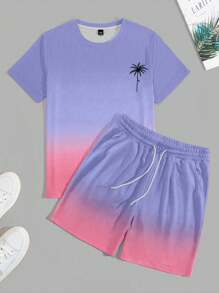 EASEVO Conjunto de camiseta de punto degradada y pantalones cortos casuales talla grande para hombre, apto para el verano