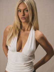 MUSERA 深V露背修身长款上衣，春季可爱度假风，90年代优雅Y2K基础款，适合户外、工作、日常休闲、毕业典礼、节日、外出、夜店等场合，优雅夏日度假风 - 白色 - 查看 4