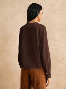 Poéselle Women Casual Solid Color Embroidery Patchwork Shirt - Coffee Brown - View 4