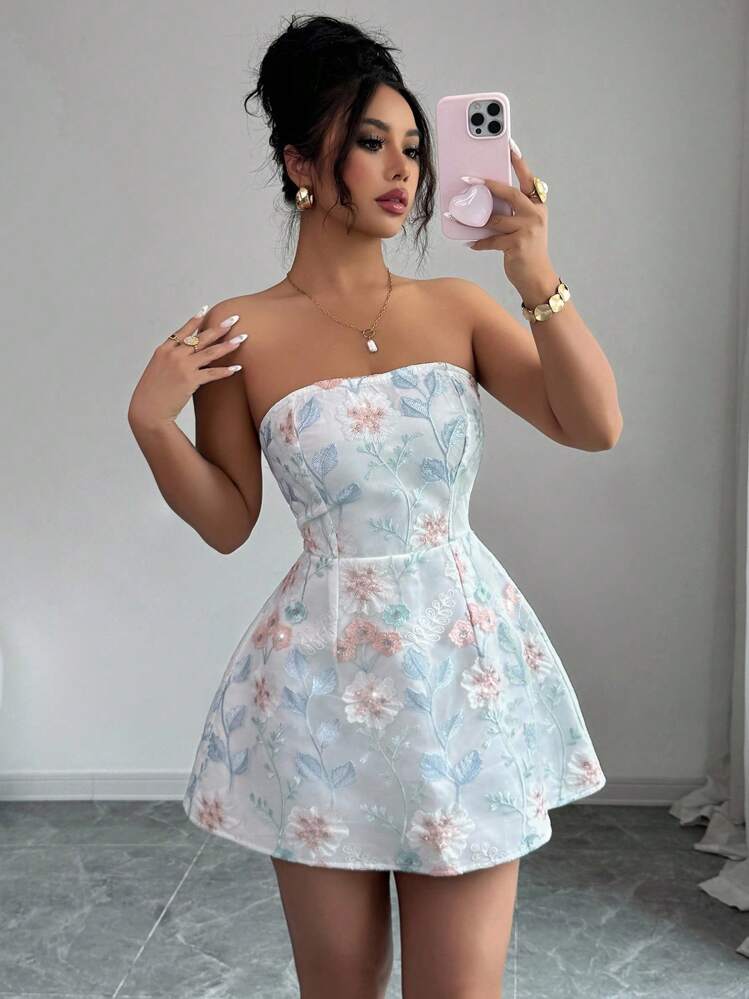 SHEIN LUNE Women Elegant Romantic Beaded Embroidery Floral Pattern Mini Dress, Suitable For Banquet, Party, Romantic Date, Garden Gathering - White - View 5