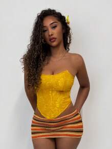 Amplova Áo Bandeau họa tiết hoa Jacquard viền bất đối xứng dành cho nữ, thời trang - Màu vàng - Xem 5