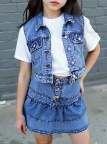 Mädchen Y2K Streetwear Stil Lässige vielseitige Denim Weste und Mini-Rock 2-teiliges Set, angenehm weiches Material, perfekt für tägliche Unternehmungen, Neuerscheinungen Frühling/Sommer 2025 - Mittele Waschung - Übersicht 9