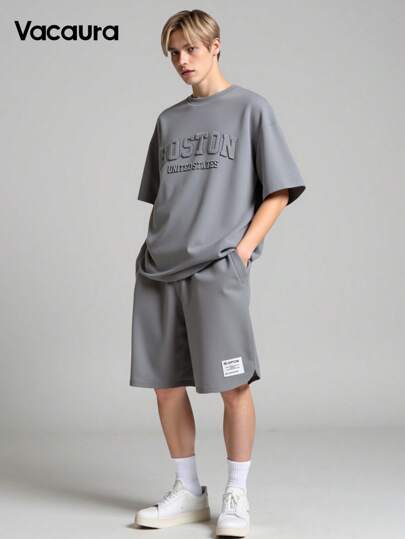 Vacaura Boy Summer Outfit 2pcs Casual Outfit For Teenage Boys, Fashionable Stereo Steel Stamping English Graphic Round Neck Pullover T-Shirt With Curved Side Design, Shorts With Minimalist Textured Trim And Curved Leg, Suitable For Summer And Autumn Summer Holiday
