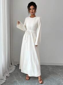 INAWLY Damen einfarbiges Midikleid mit rundem Ausschnitt, Langarm und Taillenbindung, Lässig - Aprikosenfarben - Übersicht 3