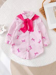 SHEIN Babygirl 休闲粉色和白色条纹蝴蝶结领口披肩连衣裙 - 粉色 - 查看 5