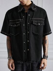 ROMWE MEN Street Life Men's Street Casual Frayed Button Short Sleeve Denim Shirt - Black - View 1