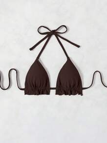 SHEIN Swim Áo bikini buộc dây trước hình tam giác siêu nhỏ màu trơn - Cà phê nâu - Xem 3