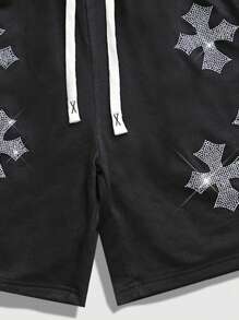 ROMWE MEN Street Life Pantalones cortos negros con cintura ajustable con cordón, decorados con cruces y rhinestones para hombre