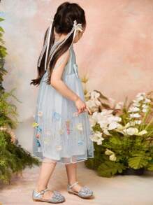 Dazy Kids Young Young Girls Round Neck Bow Flower Decor Party Birthday Dress - Baby Blue - View 2