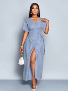 SOLERSUN Women's Casual Style Striped V-Neck Wrap Belt Tie Front Long Dress, Suitable For Commuting Outfit (Random Floral) - Royal Blue - View 1