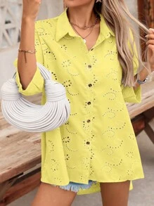 EMERY ROSE Women's Casual Vacation Style Solid Color Schiffy Loose Drop Shoulder Shirt, Spring/Summer - Yellow - View 6