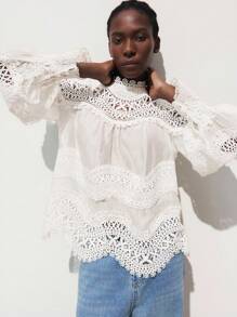 Maija 女士优雅纯色蕾丝拼布衬衫蕾丝上衣蕾丝上衣白色蕾丝上衣孔眼上衣女士夏季衬衫白色蕾丝上衣 - 白色 - 查看 4