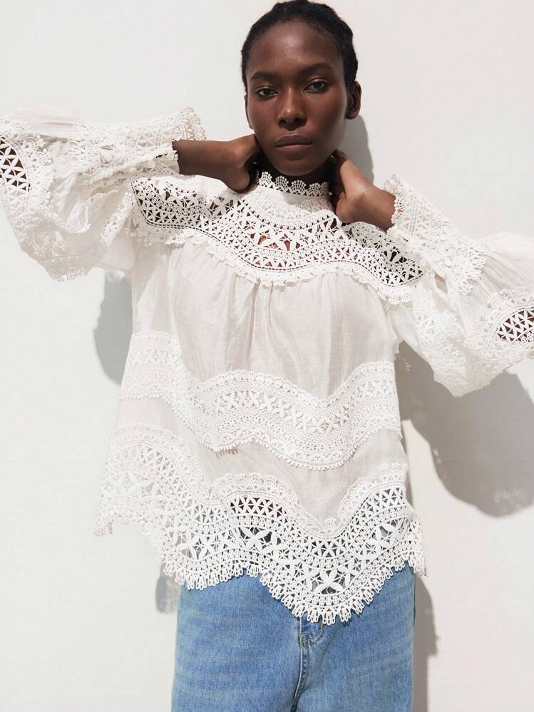 Maija Women's Elegant Solid Color Lace Patchwork Blouse Lace