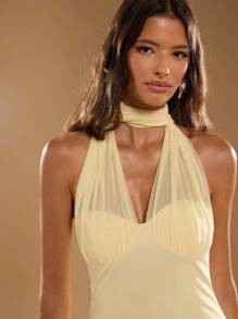 SHEIN BAE 秋季女式纯黄色露背领结胸罩杯褶皱下摆半透明长裙，奶油黄色连衣裙 - 黃色 - 查看 6