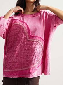 Bohemela Women's Casual Solid Color Knit Round Neck Short Sleeve Loose Wash T-Shirt Pink Top Pink Sweater Pink Shirt Embroidered Top Womens Pink Top