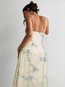 Aloruh 女士优雅深 V 褶饰胸围刺绣修身腰部浪漫刺绣连衣裙 - 彩色 - 查看 2