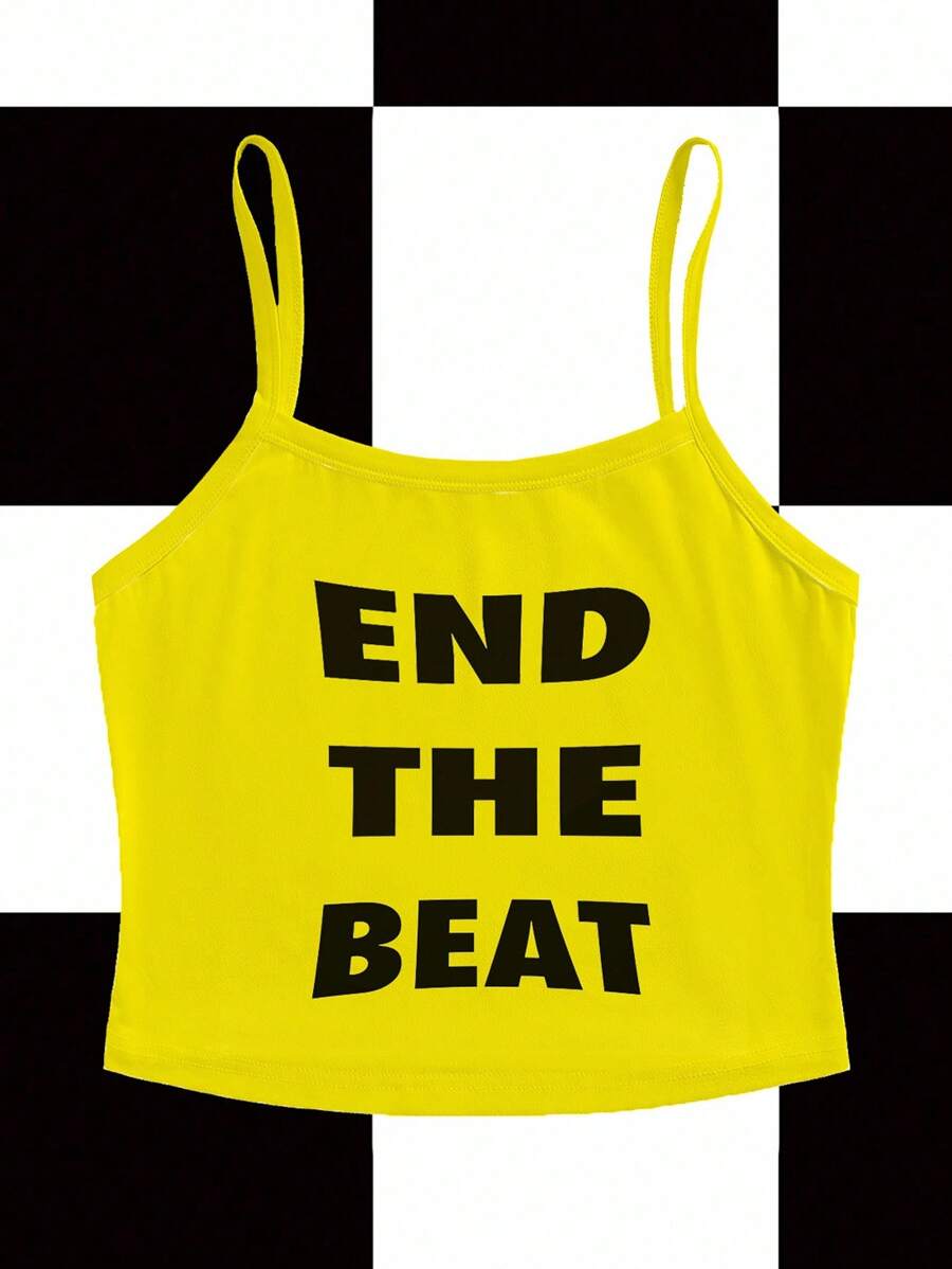 Y2Kool Maria Clara Maia Camiseta de tirantes casual con estampado de lema para mujer, top de tirantes amarillo de verano para mujer, top corto amarillo para mujer, top de tirantes para mujer, top corto "Termina el latido", top de tirantes divertido para mujer, top de mujer de calle, top de tirantes con estampado gráfico