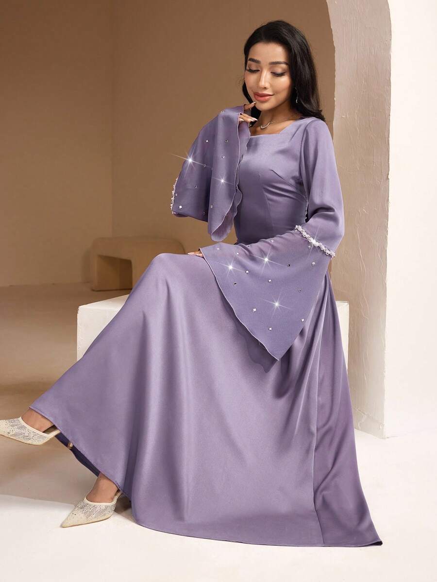 Veilorie 方领喇叭袖重钻褶饰腰部优雅阿拉伯风格连衣裙 - 紫色 - 查看 1