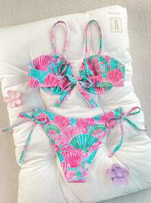 SHEIN 2pcs/Set New Multicolor Shell Underwire Side Twist High Cut Bikini Swimsuit For Women, Beach Holiday For Summer Beach Vacation