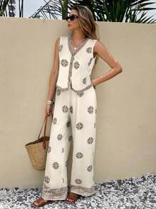 SHEIN Frenchy 2pcs Women Vacation Casual Printed Tank Top & Pants Set Brown Summer Casual Holiday Resort - Khaki - View 5