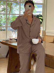 Livesso Conjunto de pijama con diseño simple y ribete de contraste, ropa de otoño e invierno - Café integral - Ver 5