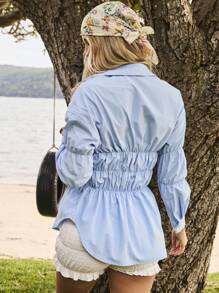 Aralina Summer / Fall Vacation Resort Ruched Long Sleeve Button Down Y2K Stockholm Style Shirt - Blue - View 3
