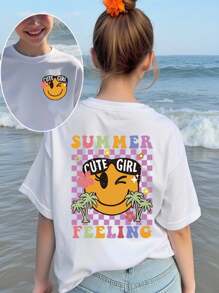SHEIN Blusa casual de manga corta para niñas preadolescentes con estampado gráfico de letras y tablero de ajedrez colorido, básica y de estilo