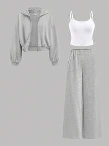 SHEIN Girlism 青少年女孩 3 件套：针织连帽衫、背心和紧身裤，休闲日常时尚服装 - 灰色 - 查看 15