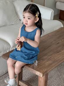 Dazy Kids Baby Girls Bow Embroidered Round Neck Washed Casual Mid-Length Denim Dress - Blue - View 4