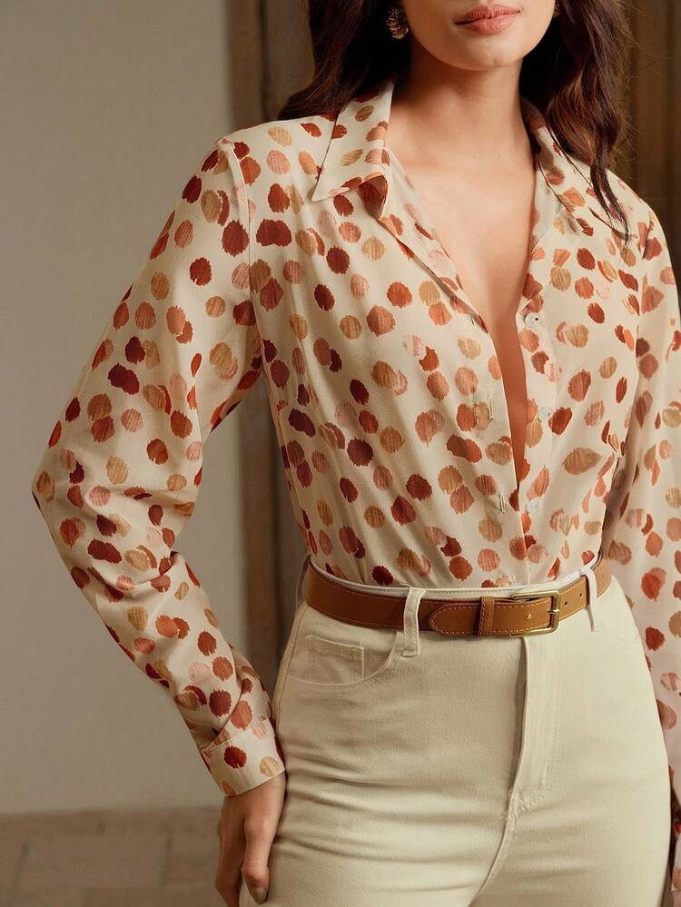 Women's Elegant French Collar Long Sleeve Dual-Color Polka Dot Print Blouse, Autumn