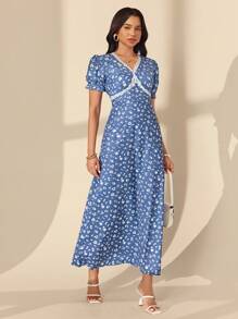 Chiquease 女士优雅度假花卉蕾丝拼接V领连衣裙 - 藍色 - 查看 6