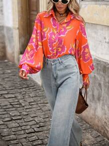 Brillora Floral Print Lantern Sleeve Shirt