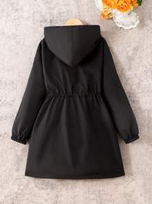 SHEIN 青少年女孩休闲简约舒适连帽豹纹印花内衬束腰中长款夹克 - 黑色 - 查看 3