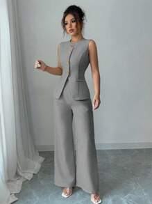 Elenzga Plus Size Casual Everyday Commute Sleeveless Top And Pants 2 Pieces Set