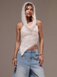 MUSERA Knitted Hooded Racer Asymmetrical Hem Textured Fluffy Top Festival Concert Rave Club Sexy Going Out Tops Club Fall Spring Summer Holiday - White - View 2