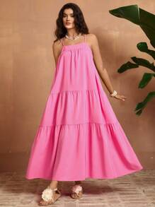 SHEIN VCAY Plus Size Women Holiday Solid Color Ruffle Hem Spaghetti Strap Dress - Hot Pink - View 4