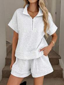 Easowa Set de 2 piezas de top con cuello polo y bolsillo talla grande pantalón corto de pierna ancha, estilo informal y suelto con cremallera, para oficina y uso diario