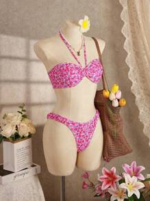 Swim Mod Women's Sweet Ditsy Floral Halter Tie Neck Ruched Swimsuit With Bottoms, Europe And America Fashion Holiday Beach Swimwear Set For Summer Beach Vacation