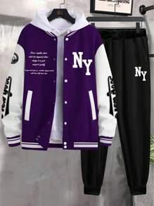 Manfinity Homme 2 pezzi Completo uomo giacca e pantaloni, giacca con colletto da baseball monopetto, stampa a lettere, colore a contrasto, maniche lunghe