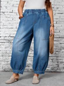 EMERY ROSE Plus Size Loose Relaxed Waist Elastic Waisted Wide Leg Jeans,Teacher Outfits For Women Y2k Women Jeans Baggy Elastic Waist Jeans Baggy Jeans Y2k - Dark Wash - View 2